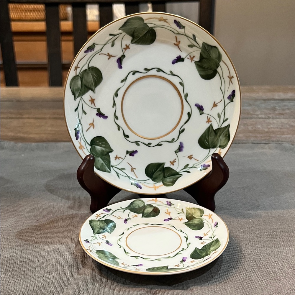 Limoges France Hand Painted Floral Plates - Ivy & Purple Flowers